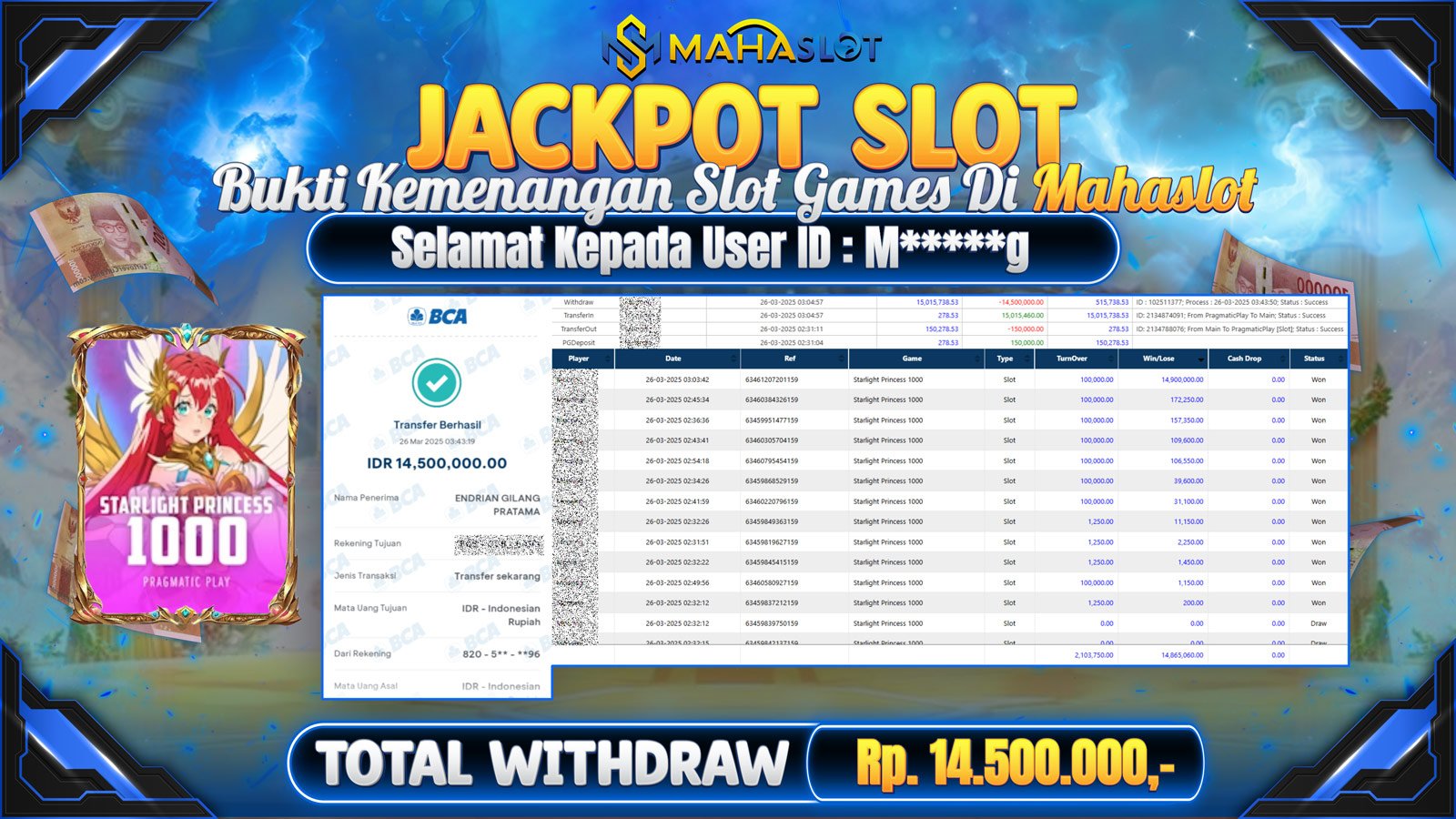 MAHASLOT JACKPOT SLOT GAMES STARLIGHT PRINCESS 1000 Rp. 14.500.000,- LUNAS