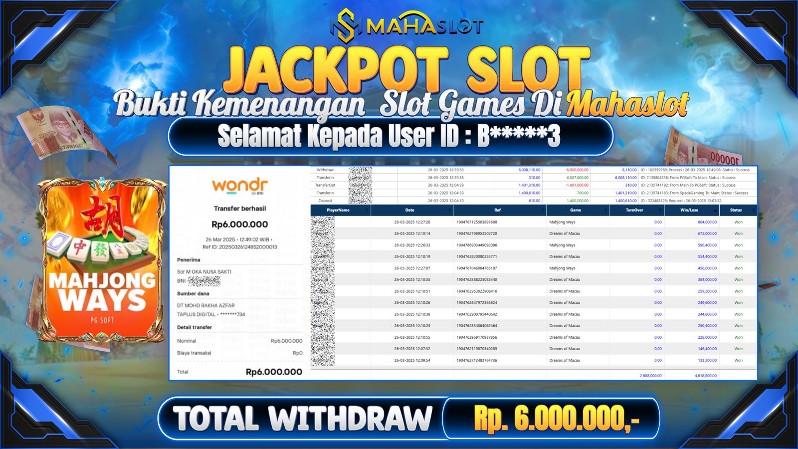 MAHASLOT JACKPOT SLOT GAMES MAHJONG WAYS Rp. 6.000.000,- LUNAS