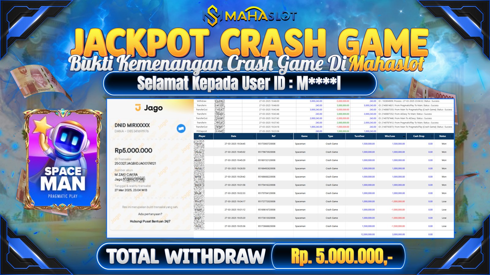 MAHASLOT JACKPOT CRASH GAME SPACEMAN Rp. 5.000.000,- LUNAS