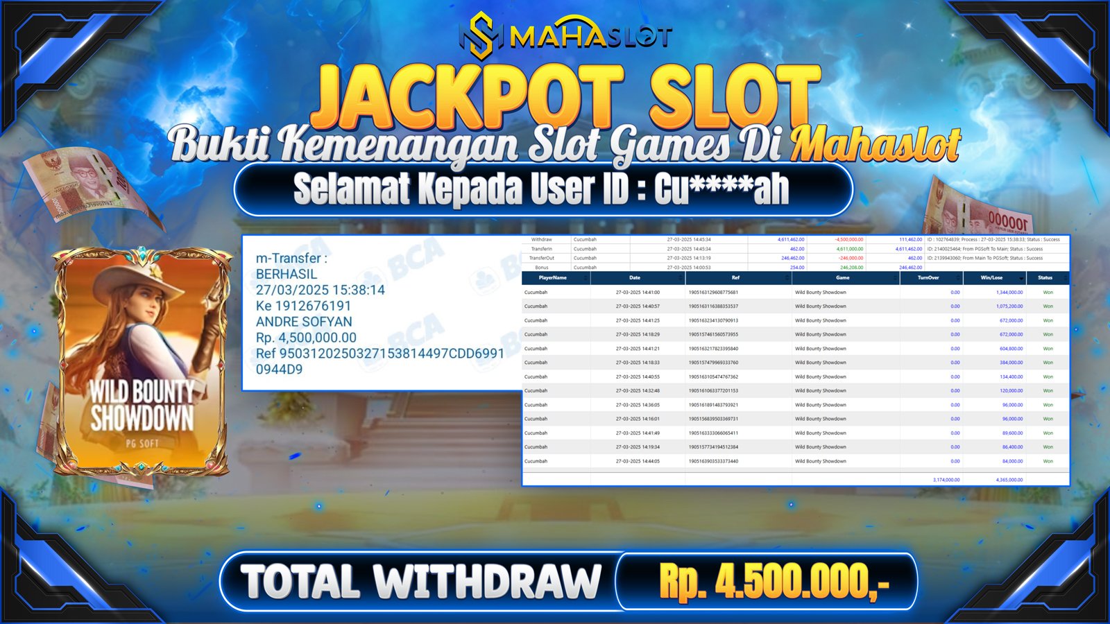 MAHASLOT JACKPOT SLOT GAMES WILD BOUNTY SHOWDOWN Rp. 4.500.000,- LUNAS