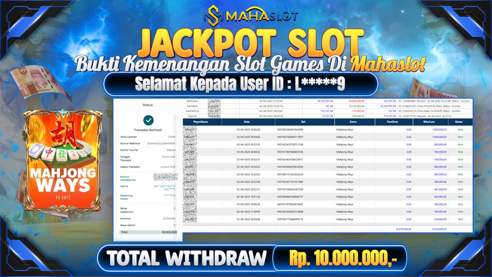 MAHASLOT JACKPOT SLOT GAMES MAHJONG WAYS Rp. 10.000.000,- LUNAS