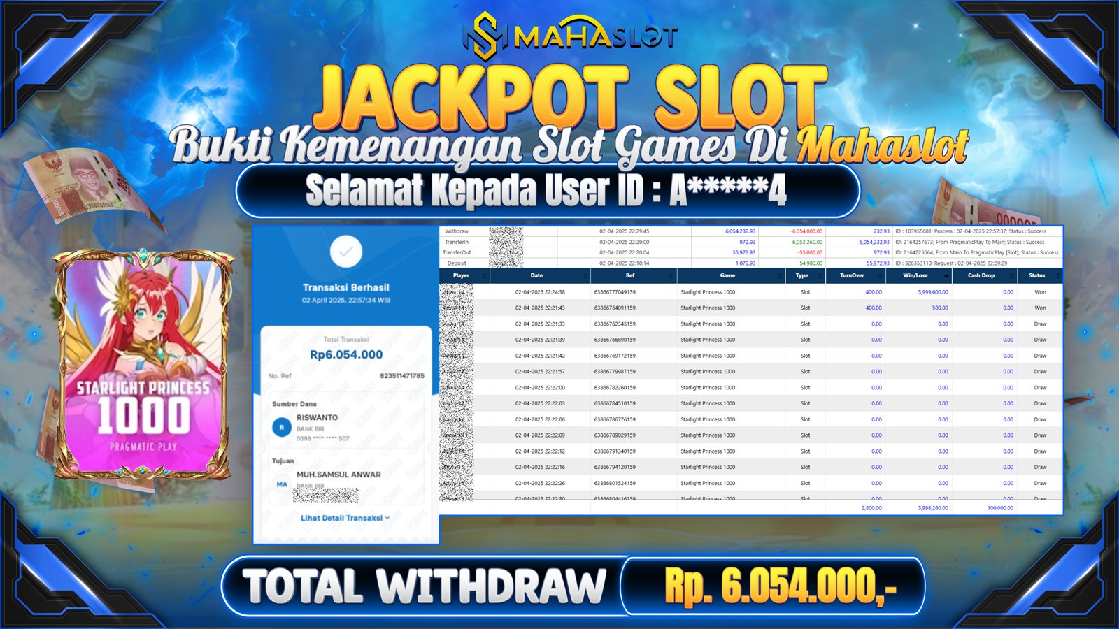 MAHASLOT JACKPOT SLOT GAMES STARLIGHT PRINCESS 1000 Rp. 6.054.000,- LUNAS