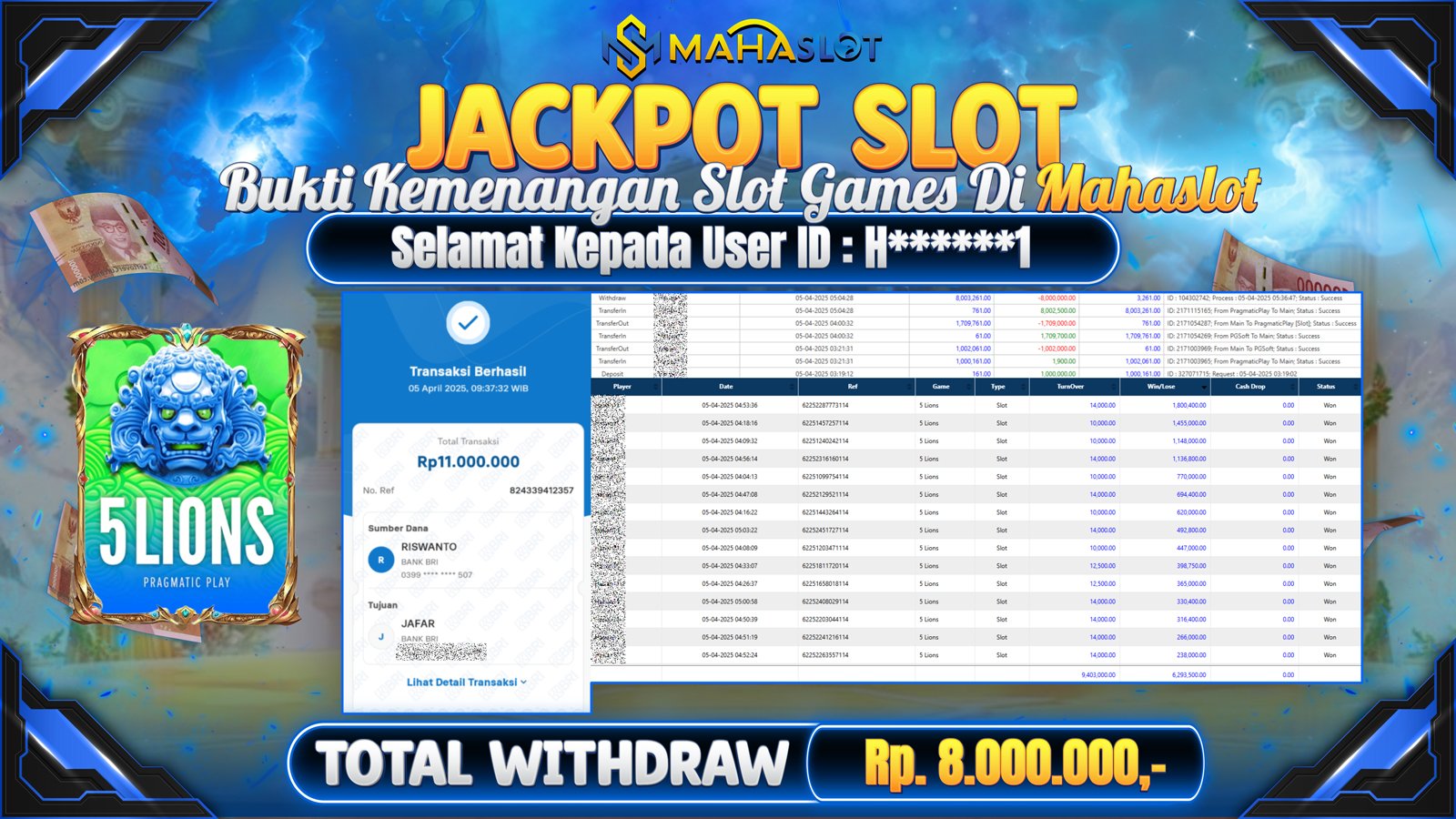 MAHASLOT JACKPOT SLOT GAMES 5 LIONS Rp. 8.000.000,- LUNAS