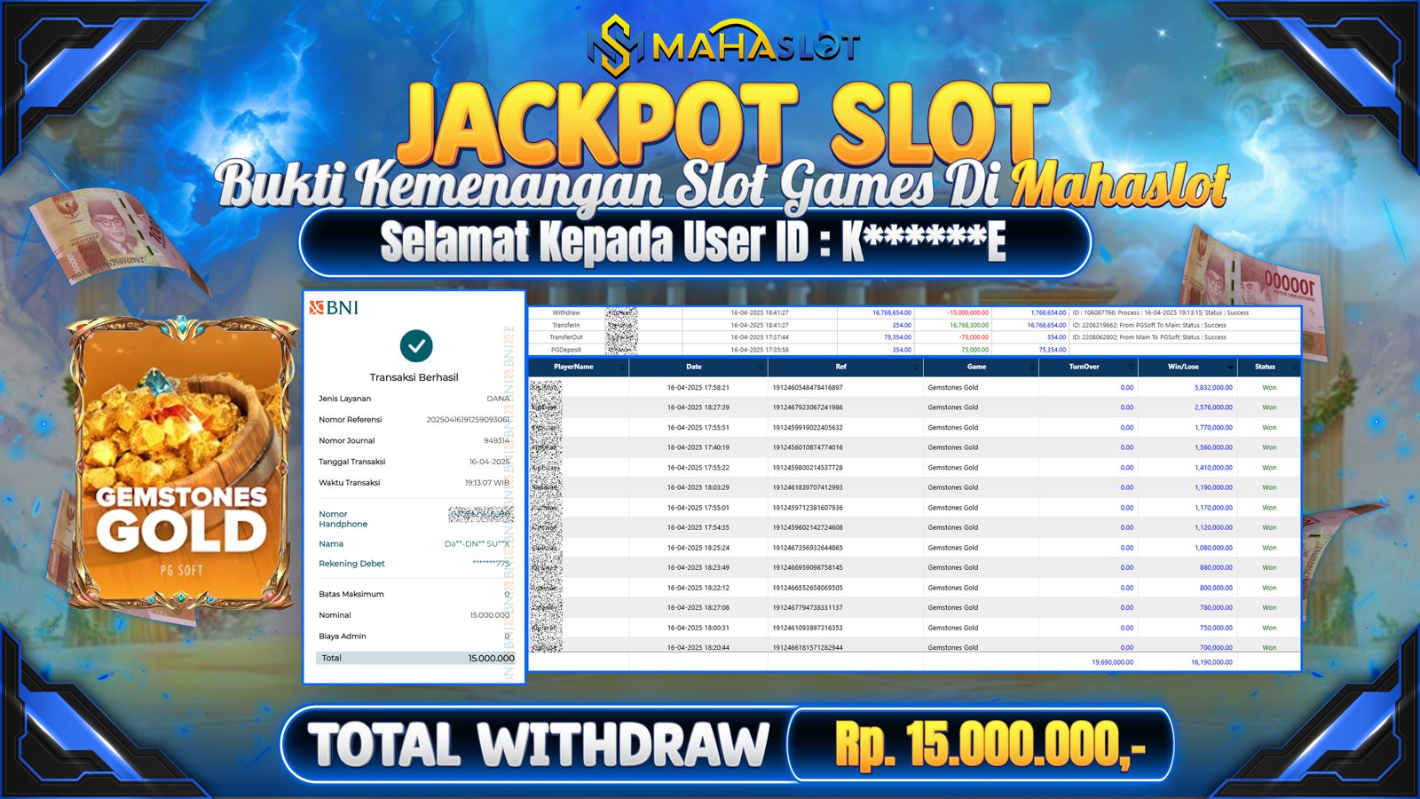 MAHASLOT JACKPOT SLOT GAMES GEMSTONES GOLD Rp. 15.000.000,- LUNAS