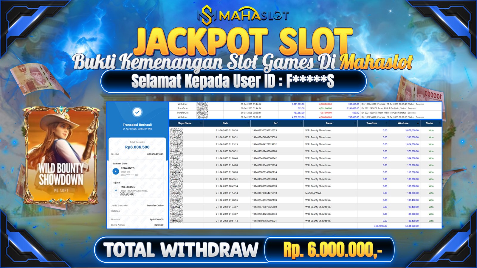 MAHASLOT JACKPOT SLOT GAMES WILD BOUNTY SHOWDOWN Rp. 6.000.000,- LUNAS