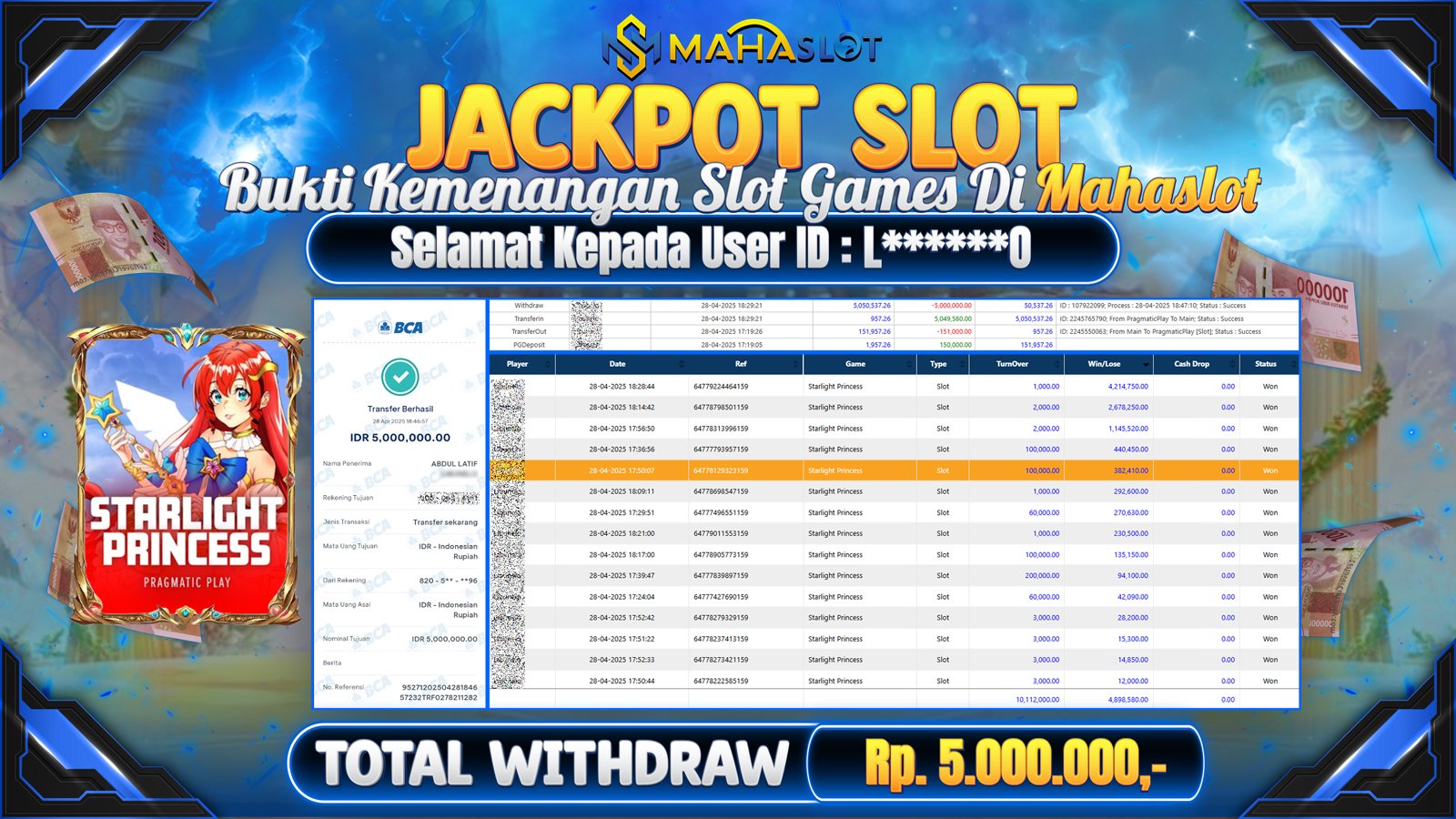 MAHASLOT JACKPOT SLOT GAMES STARLIGHT PRINCESS Rp. 5.000.000,- LUNAS