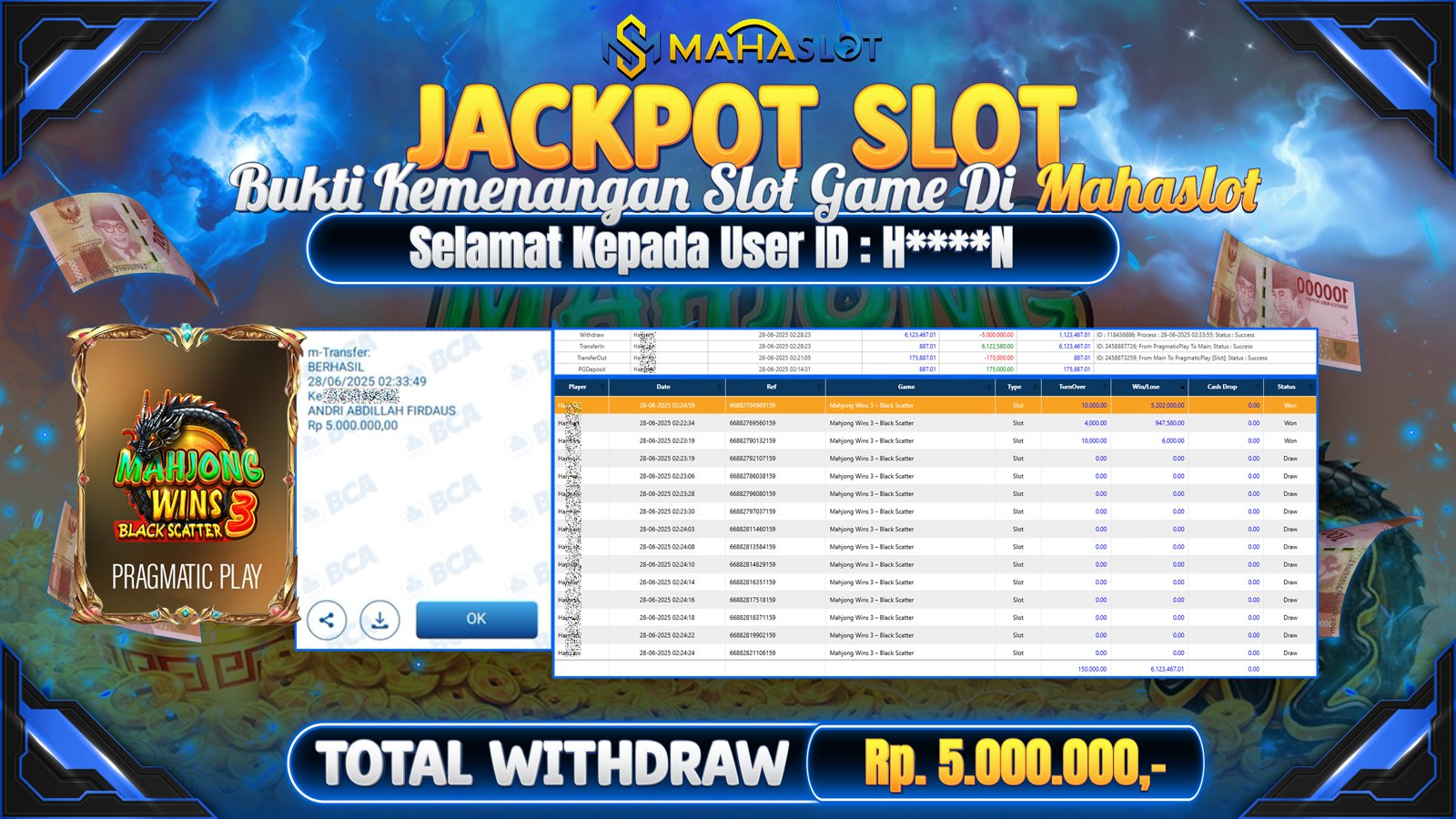 MAHASLOT JACKPOT SLOT GAME MAHJONG WINS 3 - BLACK SCATTER Rp. 5.000.000,- LUNAS