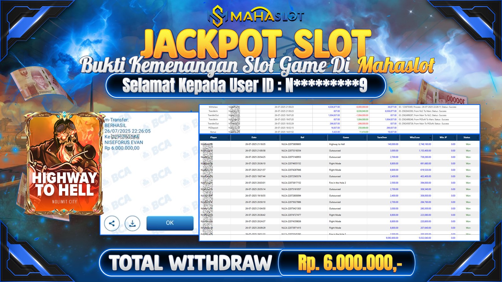 MAHASLOT JACKPOT SLOT GAME HIGHWAY TO HELL Rp. 6.000.000,- LUNAS