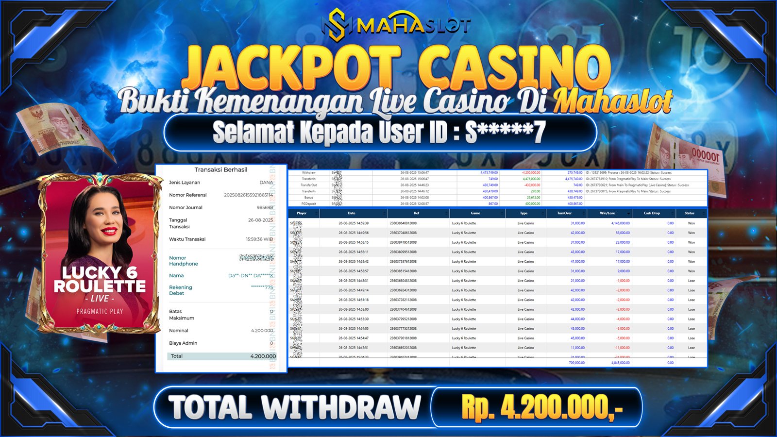 MAHASLOT JACKPOT LIVE CASINO LUCKY 6 ROULETTE Rp. 4.200.000,- LUNAS