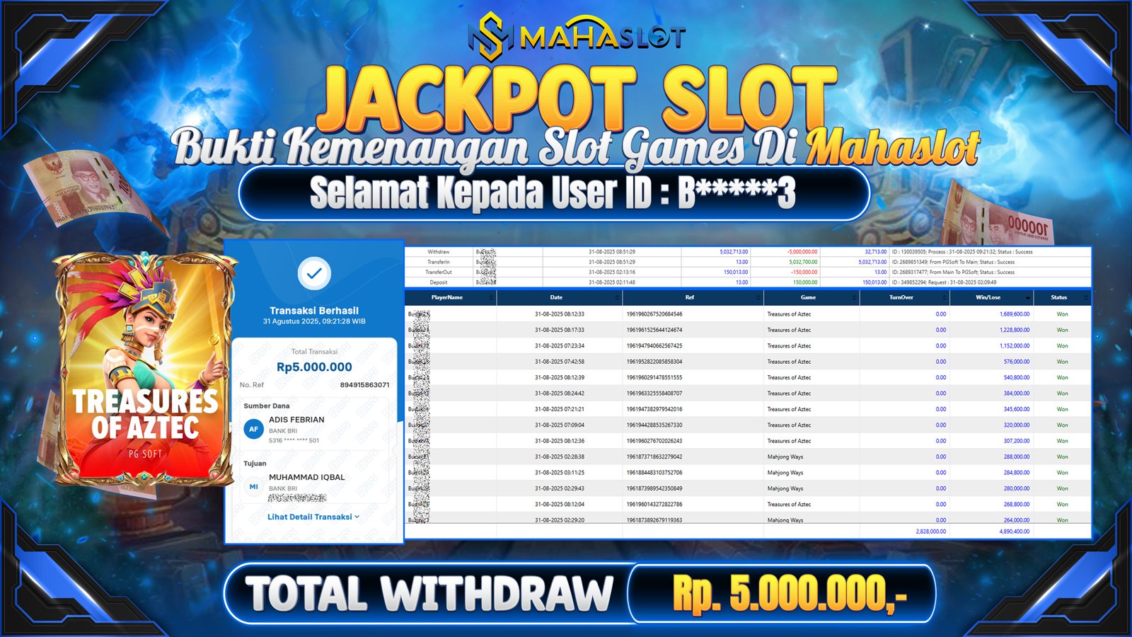 MAHASLOT JACKPOT SLOT GAME TREASURES OF AZTEC Rp. 5.000.000,- LUNAS