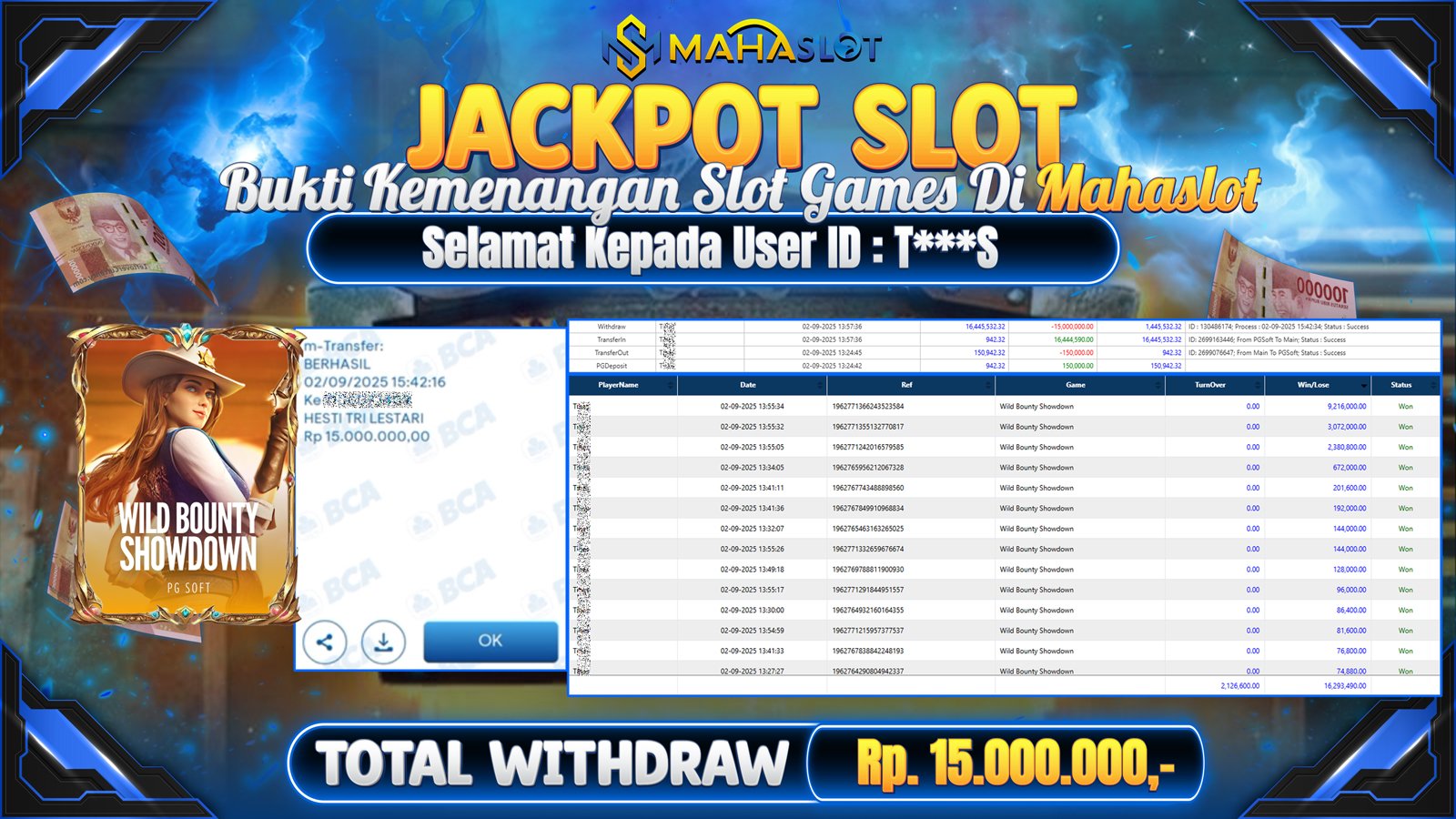 MAHASLOT JACKPOT SLOT GAME WILD BOUNTY SHOWDOWN Rp. 15.000.000,- LUNAS