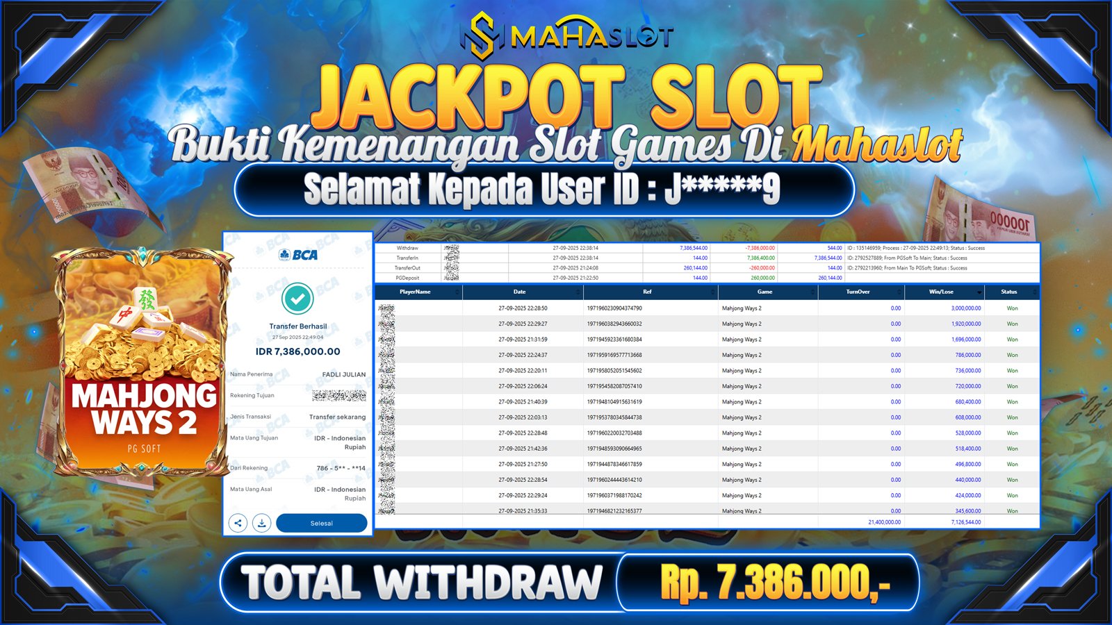 MAHASLOT JACKPOT SLOT GAME MAHJONG WAYS 2 Rp. 7.386.000,- LUNAS