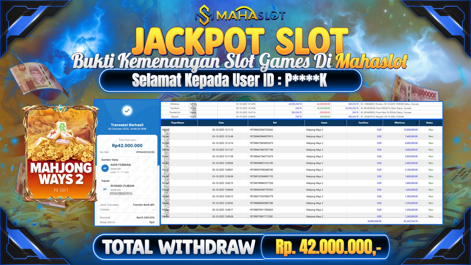 MAHASLOT JACKPOT SLOT GAME MAHJONG WAYS 2 Rp. 42.000.000,- LUNAS