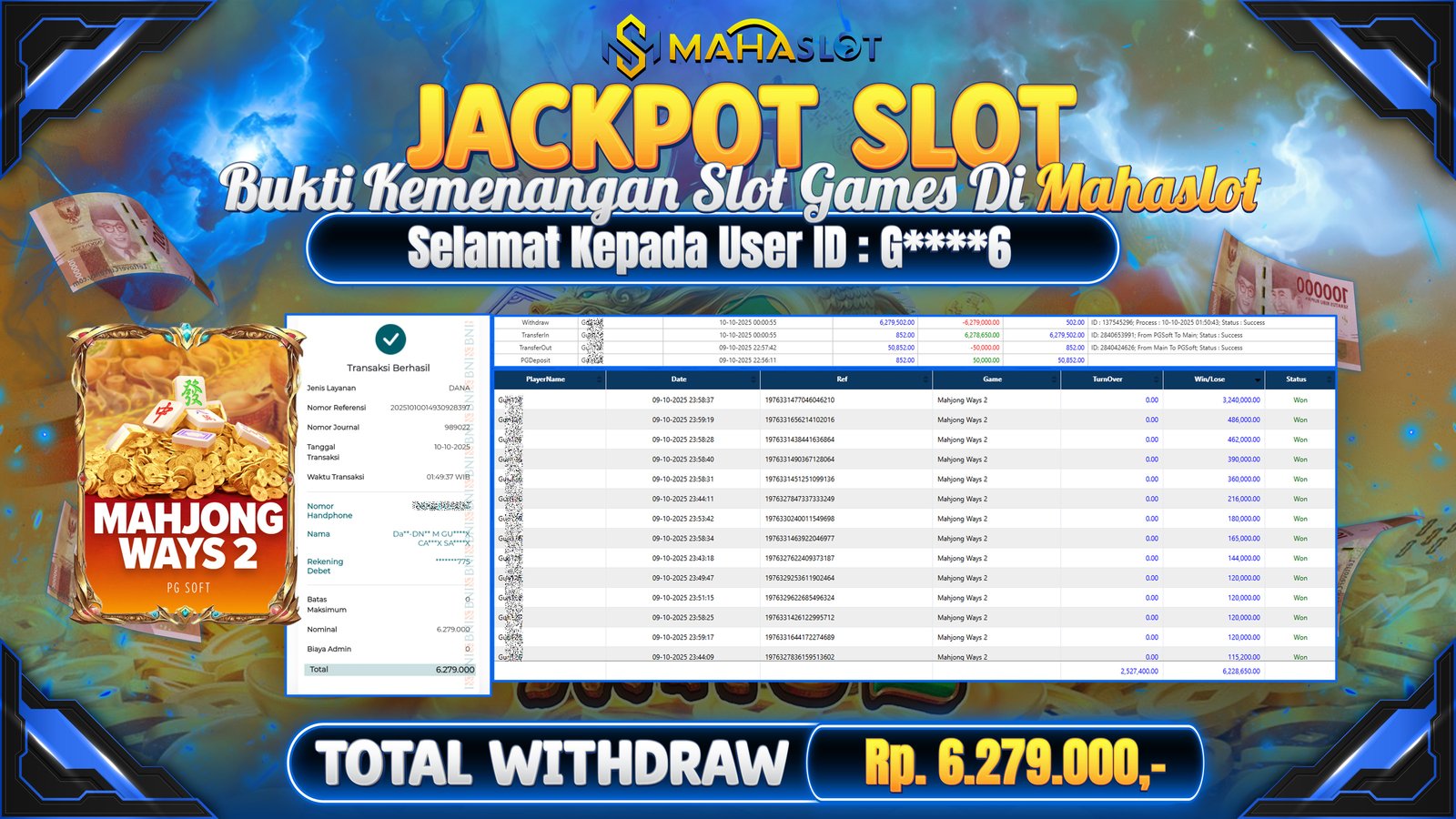 MAHASLOT JACKPOT SLOT GAME MAHJONG WAYS 2 Rp. 6.279.000,- LUNAS