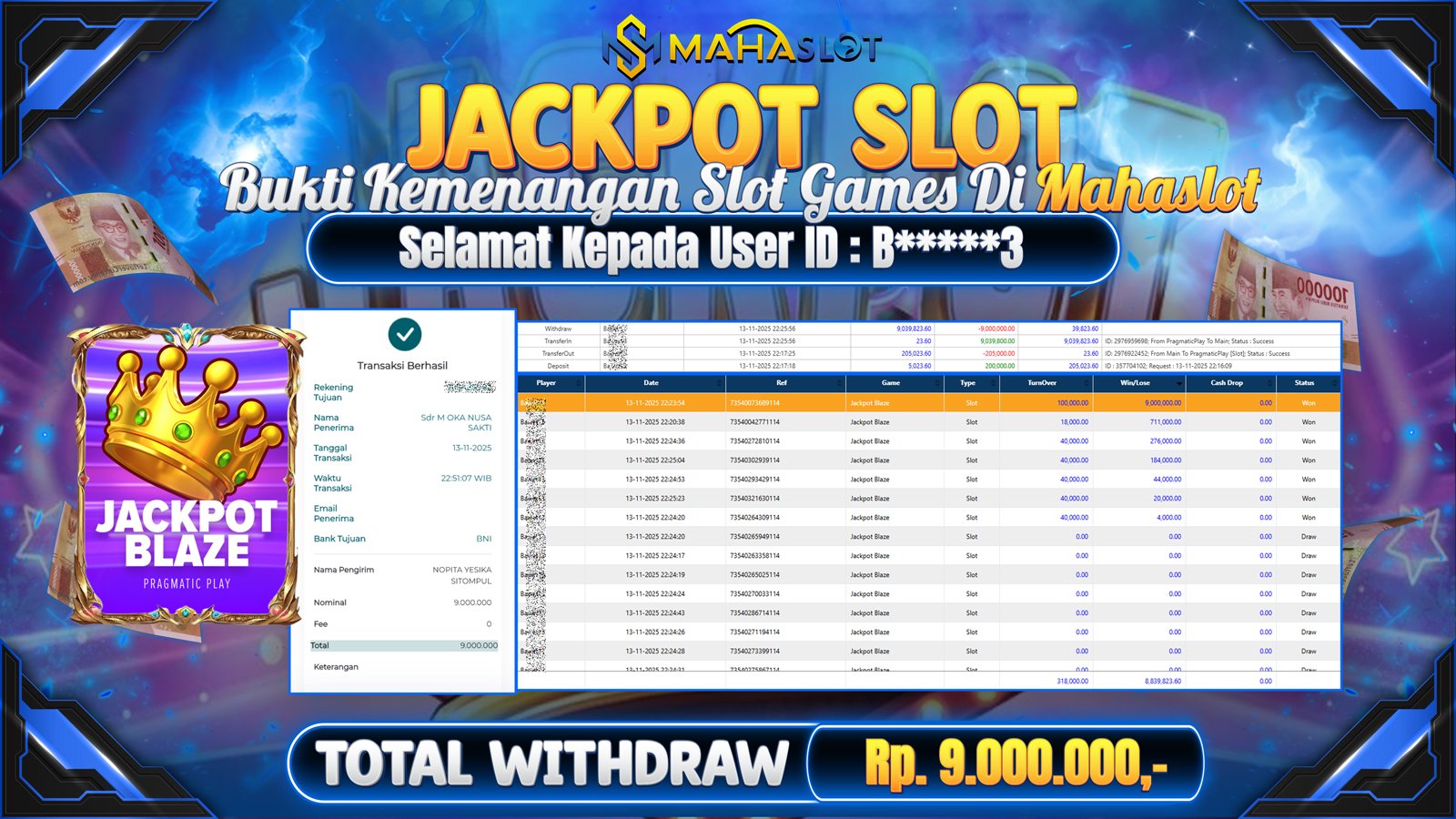 MAHASLOT JACKPOT SLOT GAME JACKPOT BLAZE Rp. 9.000.000,- LUNAS