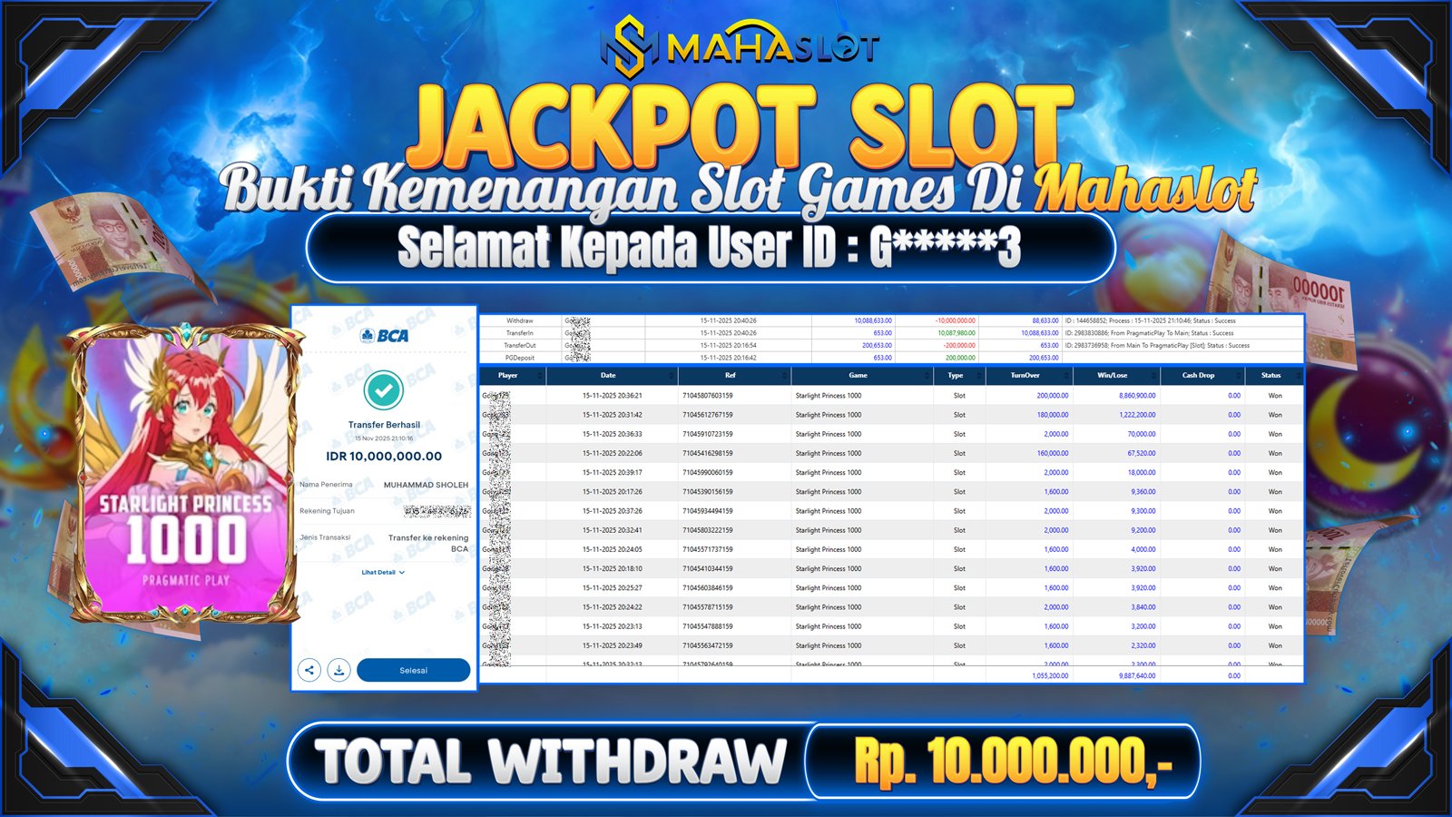 MAHASLOT JACKPOT SLOT GAME STARLIGHT PRINCESS 1000 Rp. 10.000.000,- LUNAS