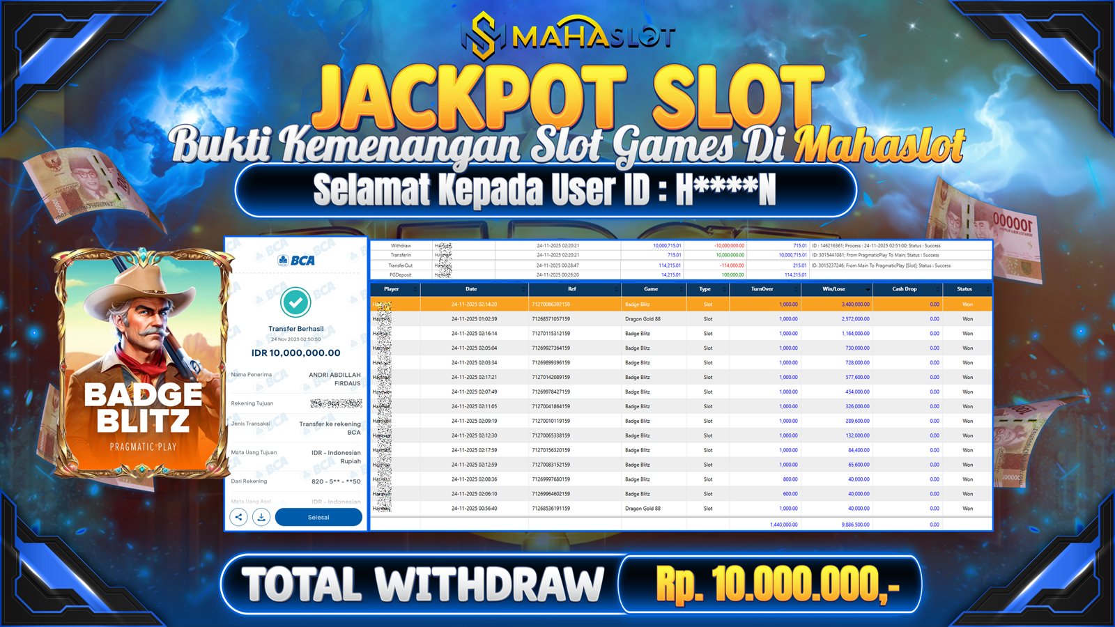 MAHASLOT JACKPOT SLOT GAME BADGE BLITZ Rp. 10.000.000,- LUNAS
