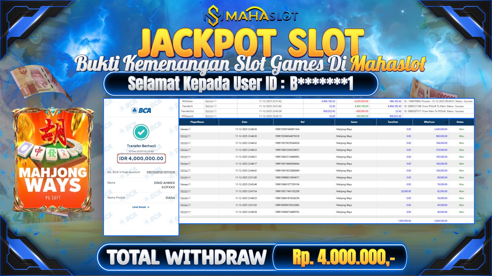 MAHASLOT JACKPOT SLOT GAME MAHJONG WAYS Rp. 4.000.000,- LUNAS