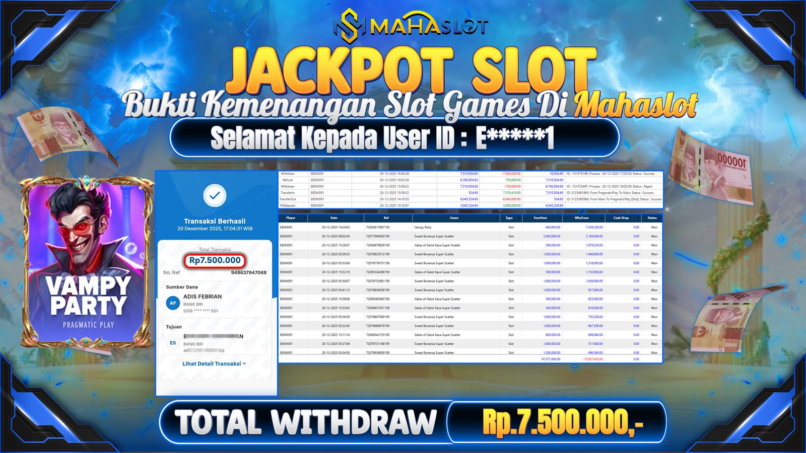 MAHASLOT JACKPOT SLOT GAME VAMPY PARTY Rp. 7.500.000,- LUNAS