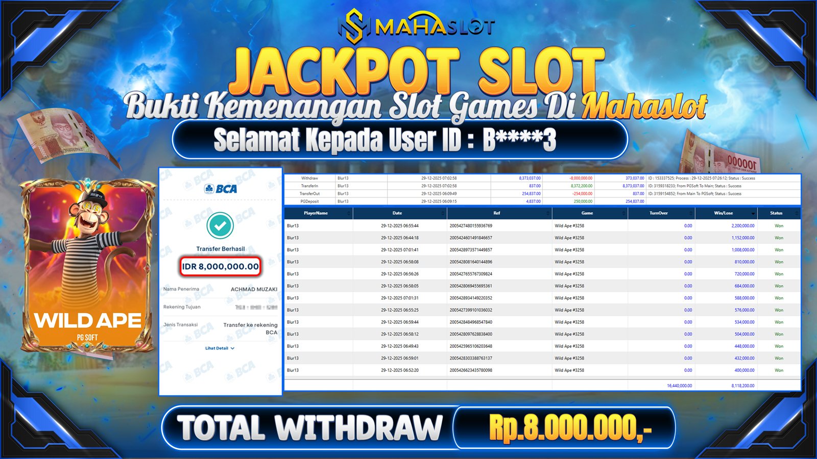 MAHASLOT JACKPOT SLOT GAME WILD APE Rp. 8.000.000,- LUNAS
