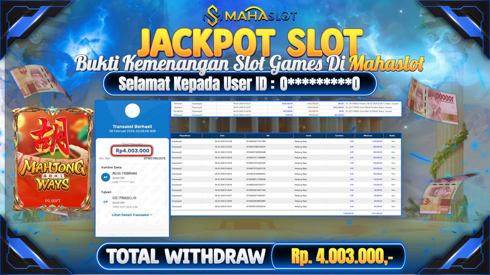 MAHASLOT JACKPOT SLOT GAME MAHJONG WAYS Rp. 4.003.000,- LUNAS