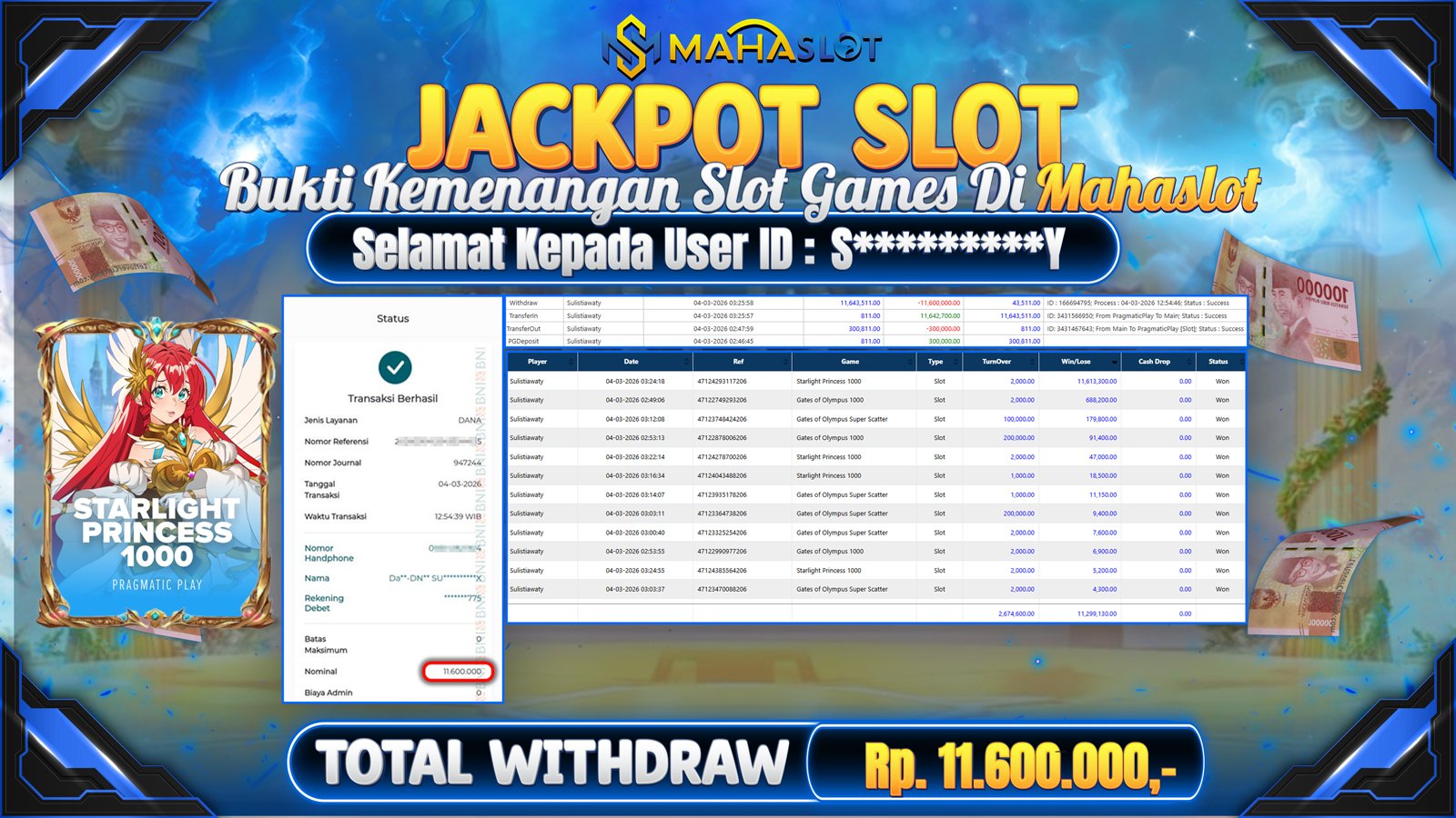 MAHASLOT JACKPOT SLOT GAME STARLIGHT PRINCESS 1000 Rp. Rp.11.600.000,- LUNAS